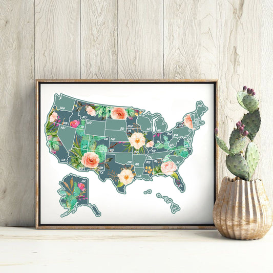 8x10 Cactus Print Scratch Off U.S. Map, Camper/RV/Desk size