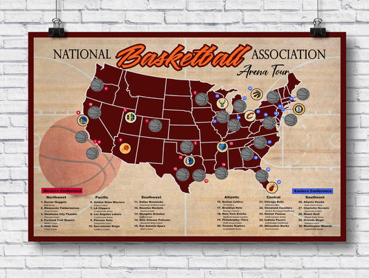 Scratch Off Basketball Arena Map, Professional Basketball bucket list tracker, Basketball Arena Tour Poster, 12x18