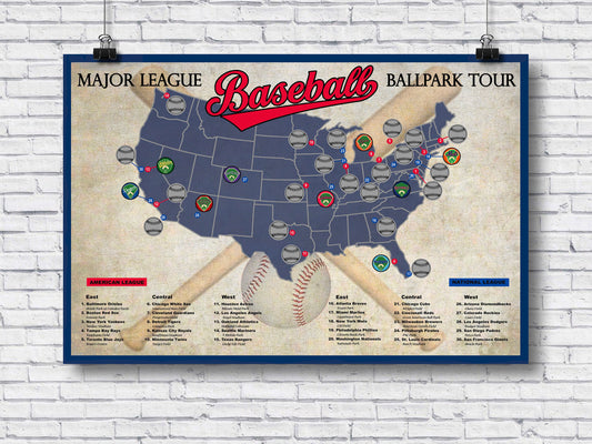 Pro Baseball Stadium Scratch Off Tour Map; Ballpark Stadium Tracker checklist 12x18